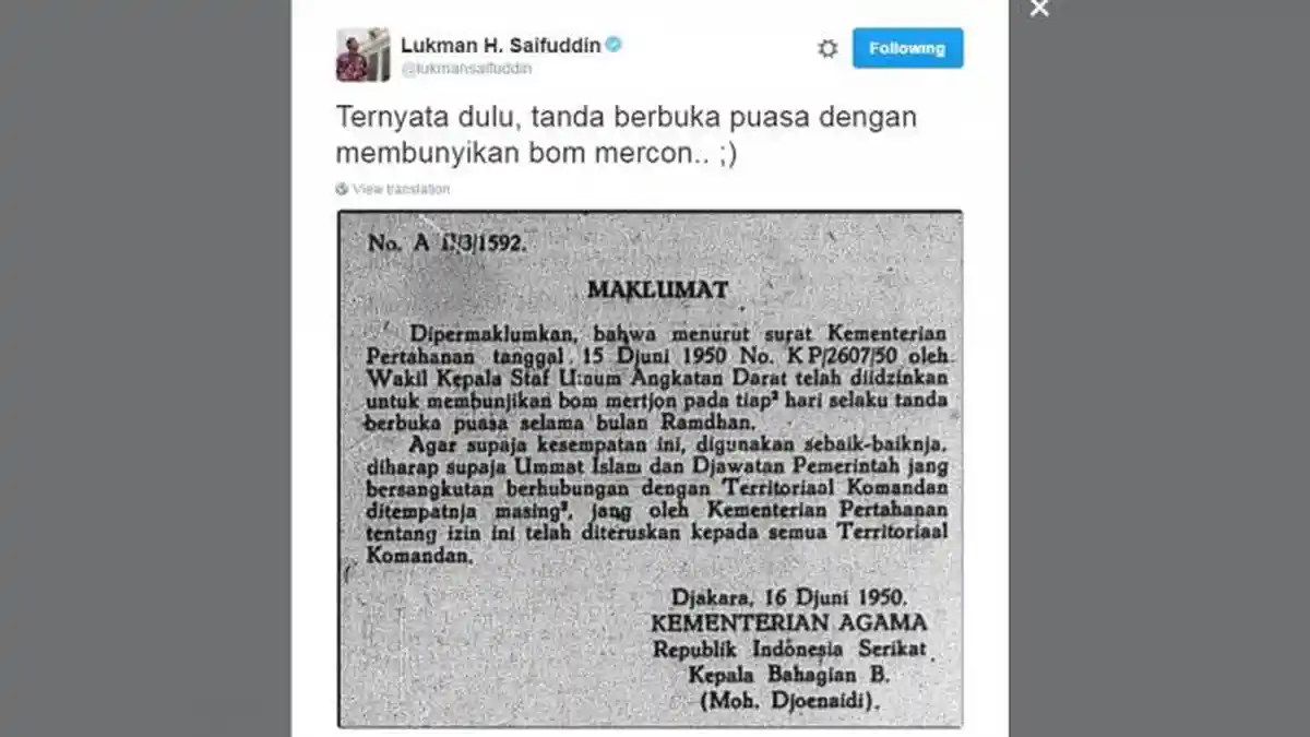 Tahun 1950 Kemenag Legalkan Mercon Sebagai Tanda Buka Puasa