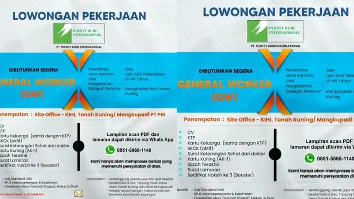 Dicari Lulusan SMA, Lowongan Kerja PT Plenty Bumi International Penempatan Kaltara, ini Cara Daftar