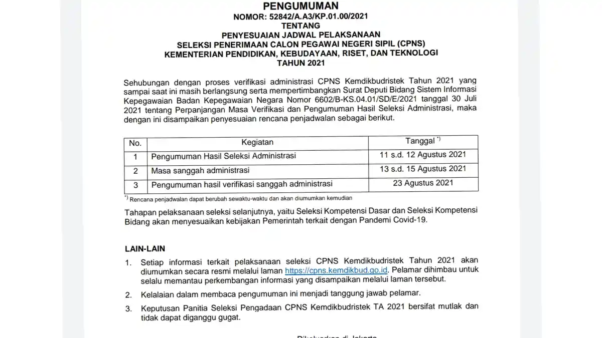 Jadwal Hasil Seleksi Administrasi Kemdikbudristek Seleksi CPNS dan PPPK 2021 Diundur 11 Agustus