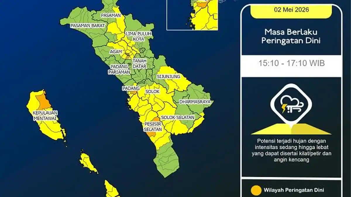 Peringatan Dini Cuaca Sumatera Barat Sabtu Sore: Hujan Lebat dan Angin Kencang Intai 12 Wilayah