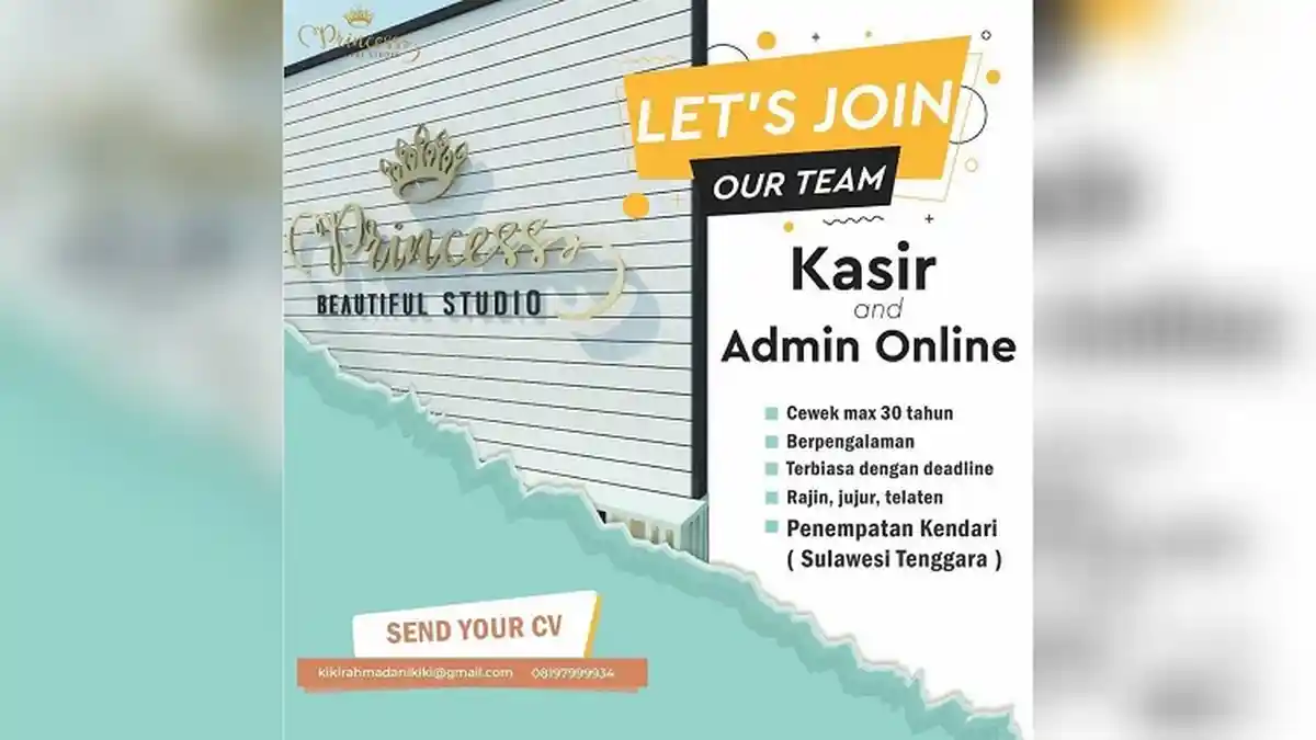 Lowongan Kerja Kendari, Princess Beautiful Studio Buka Loker Kasir dan Admin Online, Ini Kualifikasi