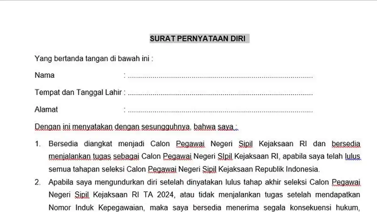 Link Download Surat Pernyataan Diri CPNS Kejaksaan 2024