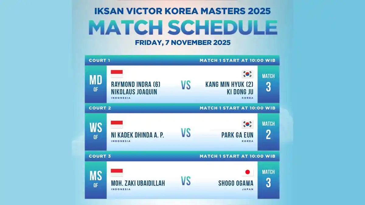 Jadwal Siaran Langsung Korea Masters 2025 Hari Ini Ubed vs Shogo Ogawa, Dhinda vs Park Ga Eun