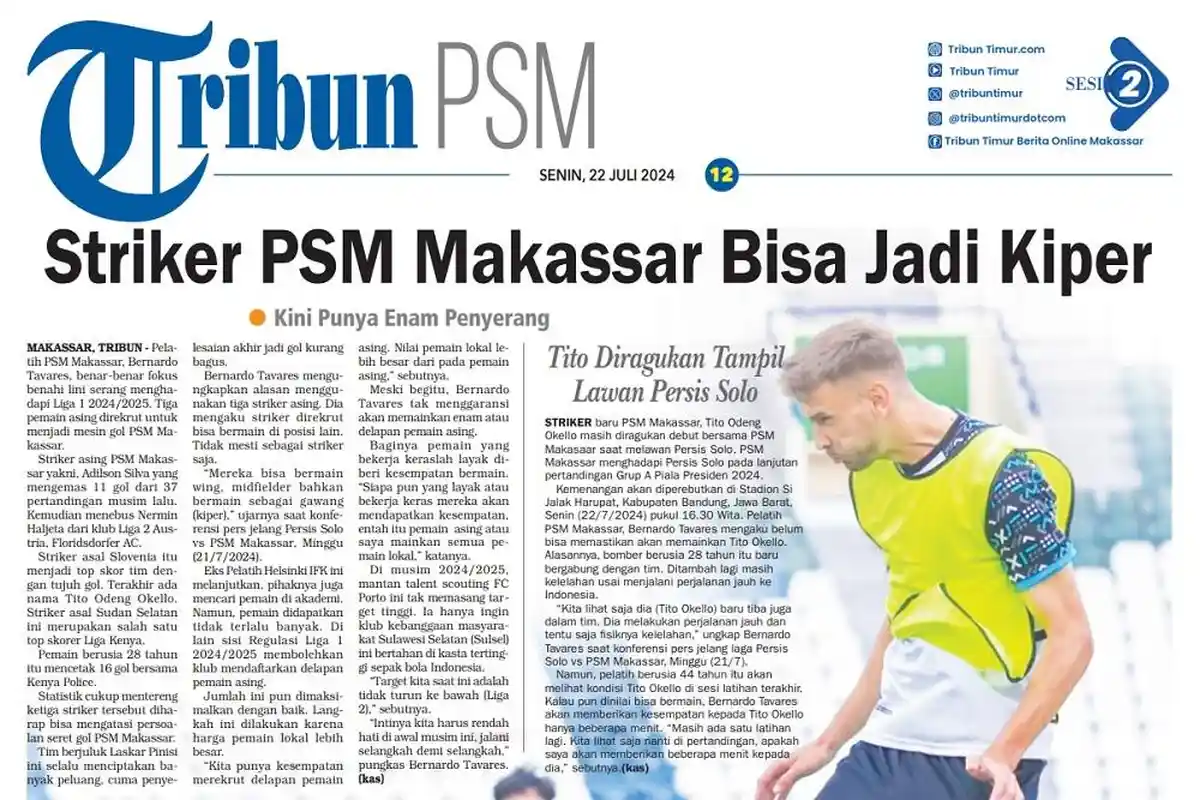 Bernardo Tavares: Striker PSM Makassar Bisa Jadi Kiper
