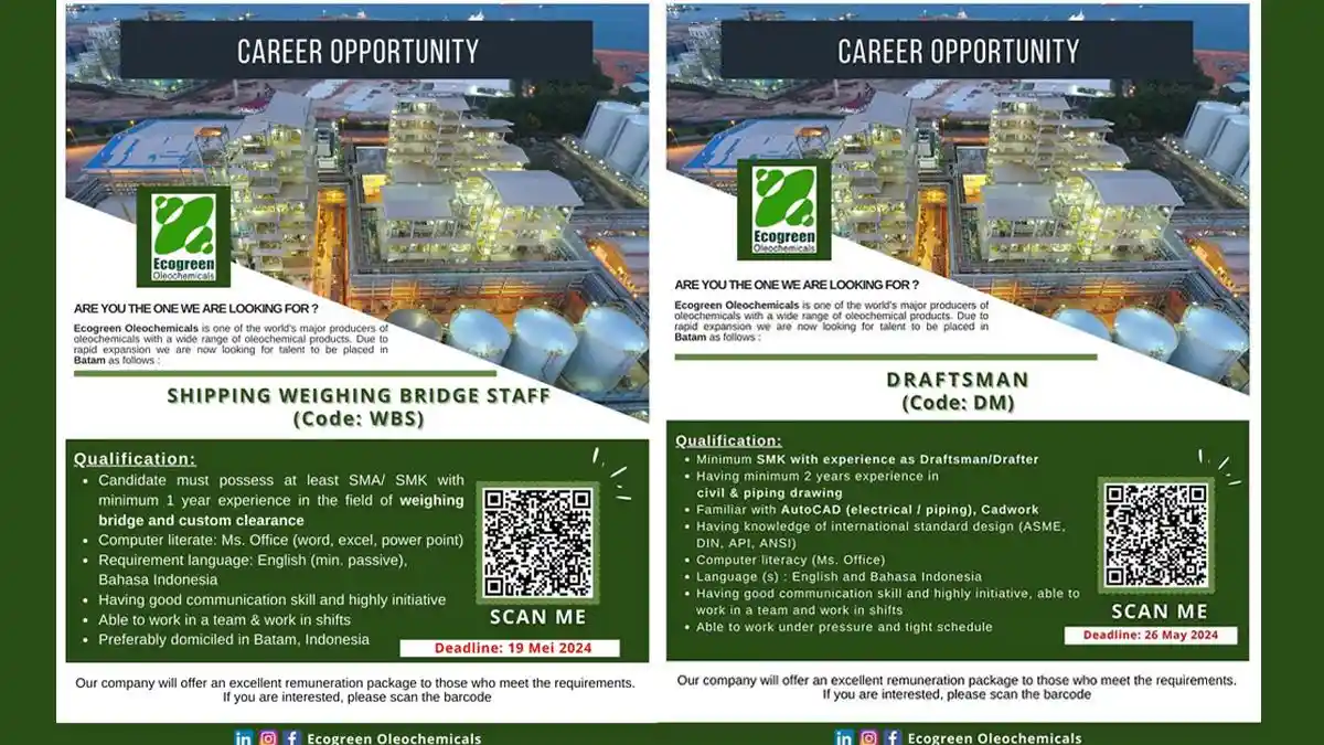 Lowongan Kerja Batam - Ecogreen Oleochemicals Buka Loker Shipping Weighing Bridge Staff & Draftsman