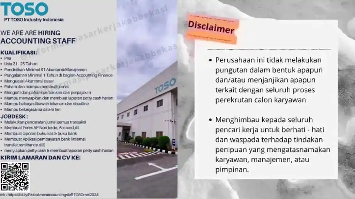 1 Tahun Pengalaman Boleh Mendaftar, PT Toso Industry Indonesia Buka ...
