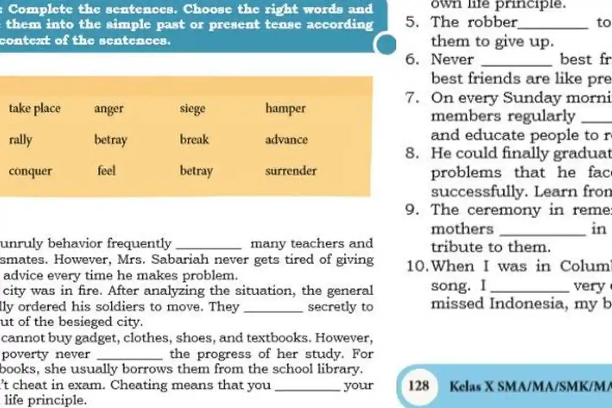 Kunci Jawaban Bahasa Inggris Kelas 10 Hal 128: Fill the Blank & Change the Word to Simple/Past Tense