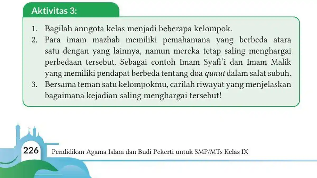 Kunci Jawaban PAI Kelas 9 Halaman 226 Kurikulum Merdeka: Aktivitas 3, Imam Syafii dan Imam Malik