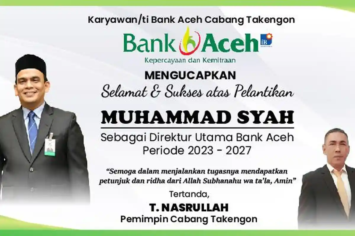 Ucapan Selamat dari Bank Aceh Cabang Takengon Atas Pelantikan Dirut Bank Aceh