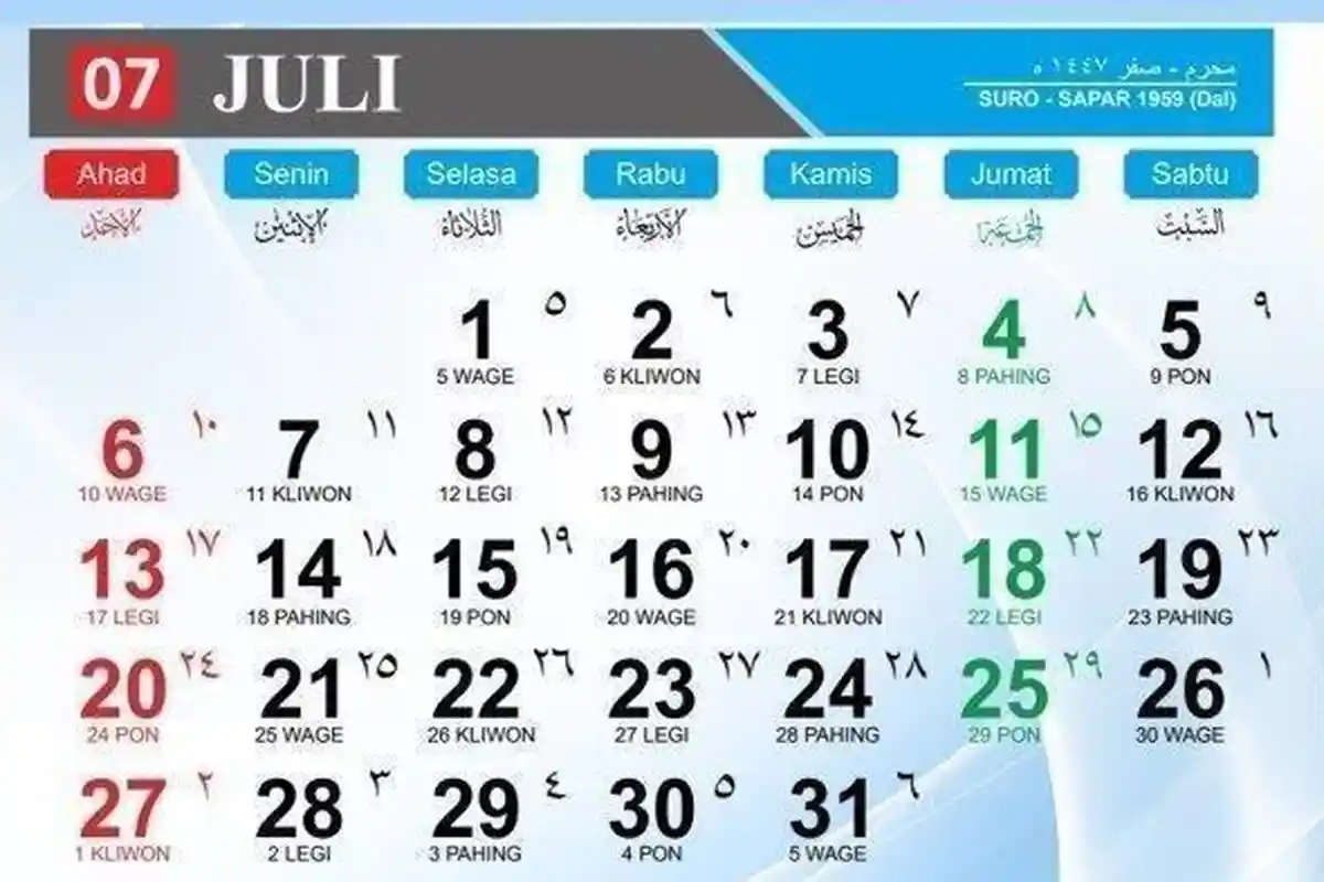 Kalender Juli 2025 Beserta Penanggalan Weton Jawa, Tidak Ada Moment Libur Naisonal di Bulan Ini
