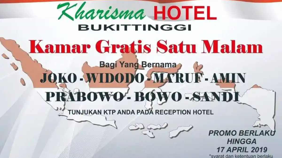 Promo Unik Hotel, Gratis Menginap Orang Bernama Joko-Widodo-Ma'ruf-Amin-Prabowo-Bowo-Sandi