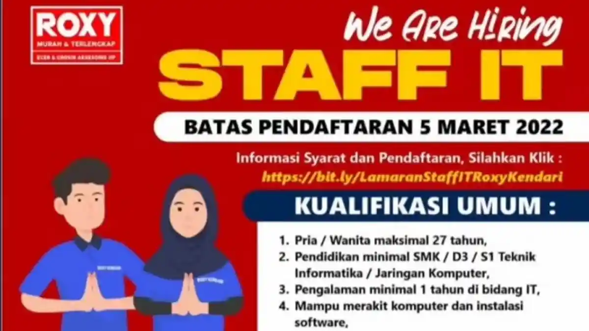 Lowongan Kerja Kendari: Toko Roxy Buka Rekrutmen Staf IT, Ini Syaratnya dan LINK DAFTAR