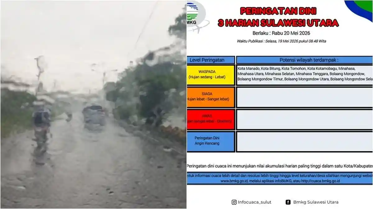 Info BMKG Cuaca di Sulut Besok Rabu 20 Mei 2026, Berikut Daftar Daerah Waspada Hujan Lebat