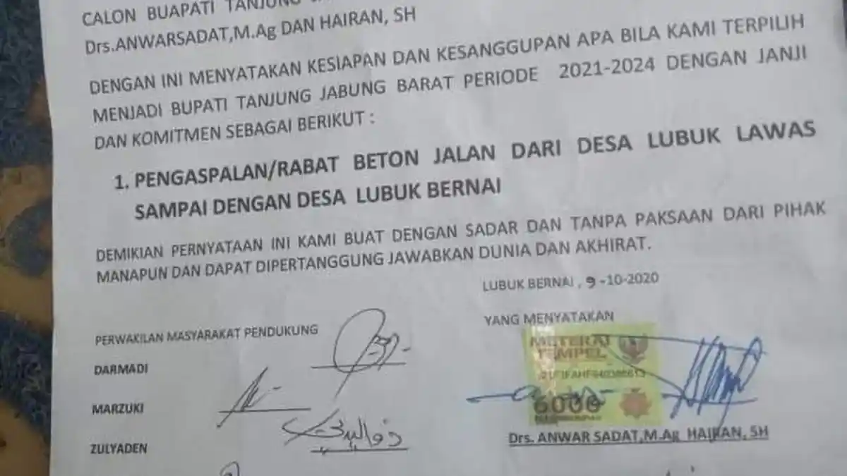 Satu Paslon Pilkada Tanjabbar Diduga Lakukan Kontrak Politik, Lagi Diselidiki Bawaslu
