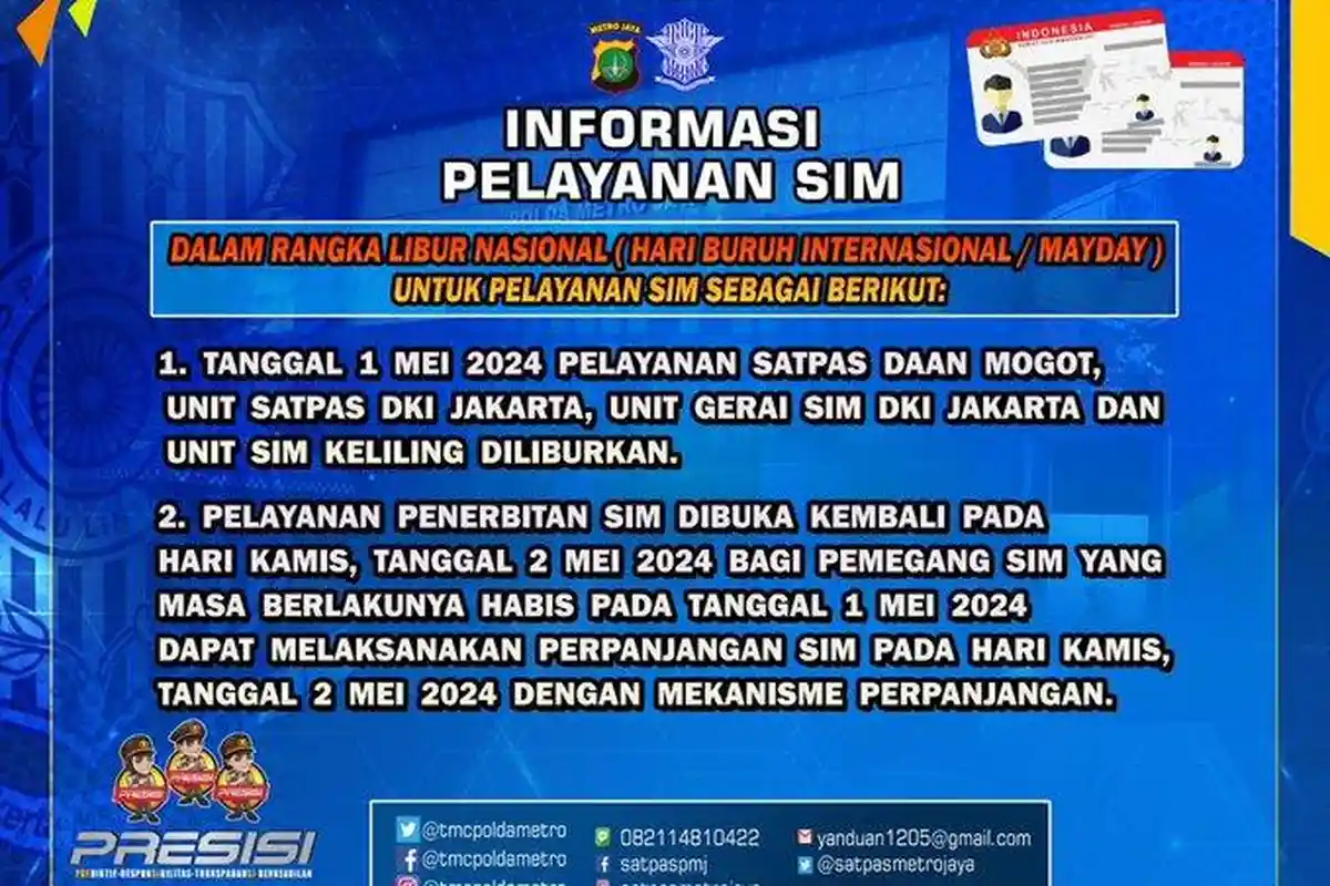 Jadwal Layanan SIM di Jakarta dalam Rangka Hari Buruh Internasional, 1 Mei 2024