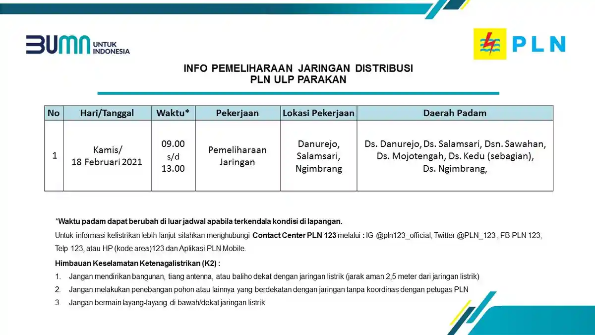Info Pemeliharaan Jaringan Listrik PLN ULP Parakan Temanggung Kamis 18 Februari 2020