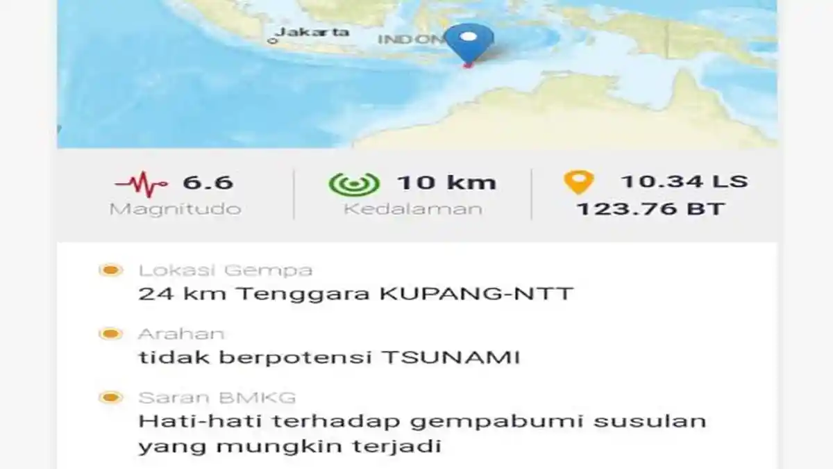Gempa M 6,6 Guncang NTT, Dirasakan Warga Kupang, TTS, Waingapu dan Alor