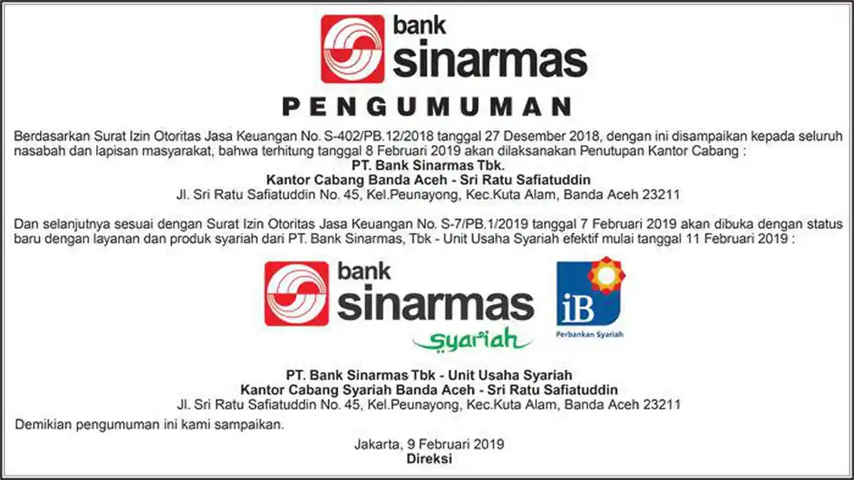 Pengumuman dari PT. Bank Sinarmas, Tbk