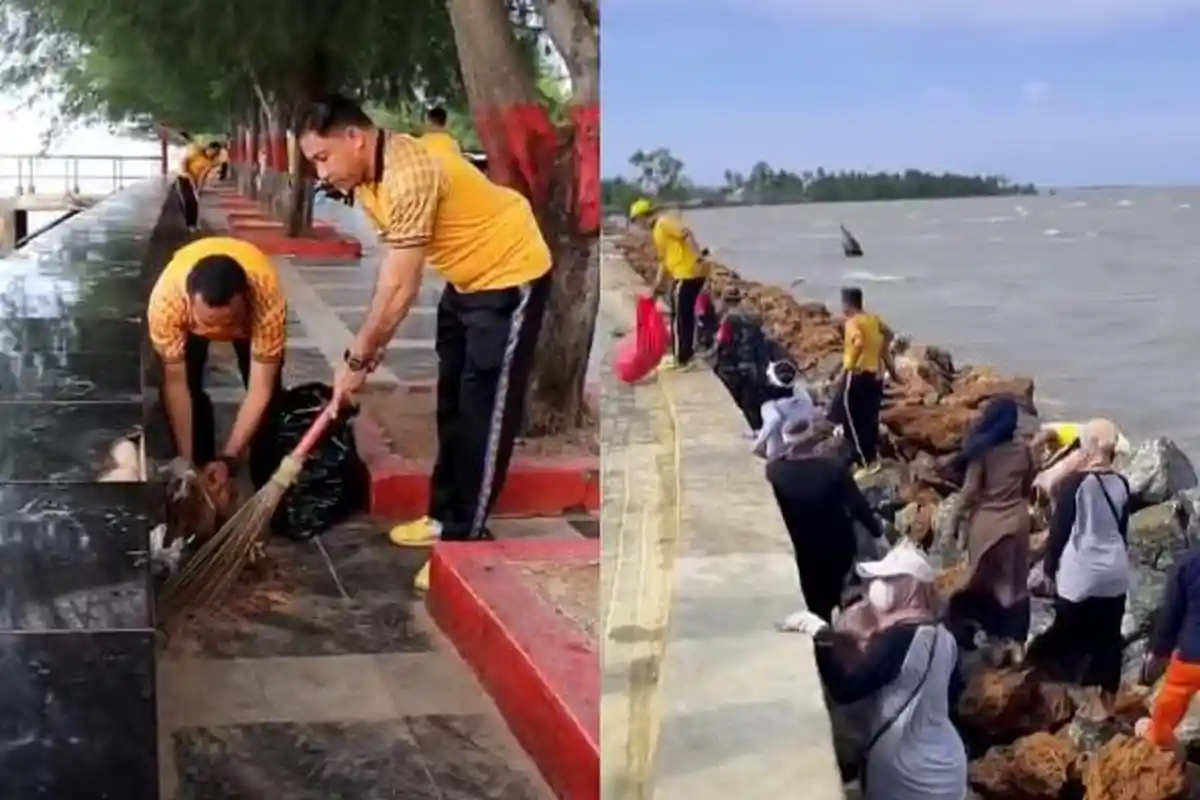 TNI dan Polri di Kolaka Sulawesi Tenggara Ajak Warga Bersih-bersih Sampah Pesisir Pantai Mandra