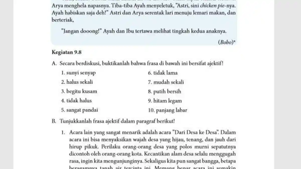 Kunci Jawaban Bahasa Indonesia Kelas 8 SMP Semester 2, Kegiatan 9.8 Bagian A dan B Halaman 254