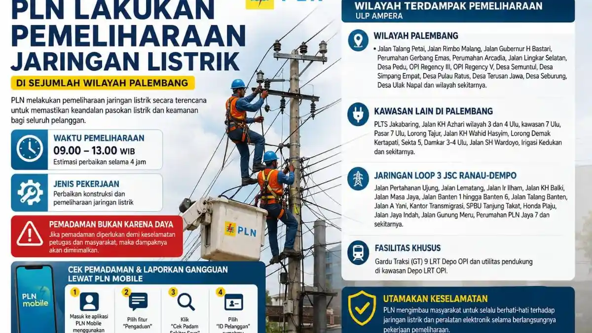 Info Pemadaman Listrik di Palembang Besok 11 Juni, Berikut Wilayah Terdampak Padam 4 Jam