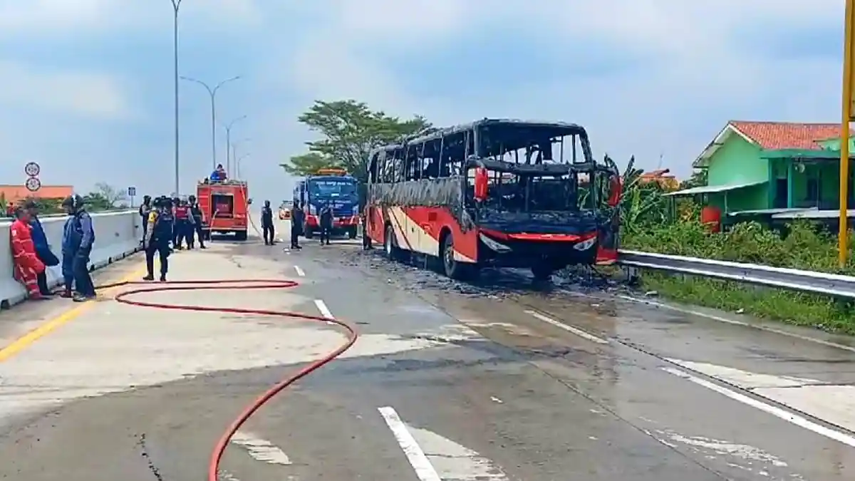 Bus Agra Mas Hangus Terbakar di Exit Tol Adiwerna Tegal, Sempat Mogok, Ini Kronologinya