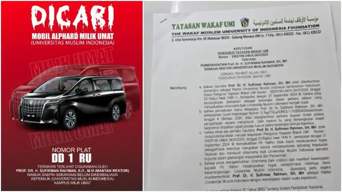 Prof Sufirman Rahman Diberhentikan sebagai Rektor UMI, Mobil Alphard DD 1 RU 'Dicari'