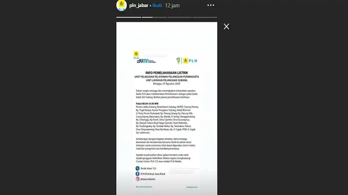 Jadwal Pemadaman Listrik di Subang Hari Ini, Wilayah Berikut Ini akan Mati Lampu Selama 8 Jam