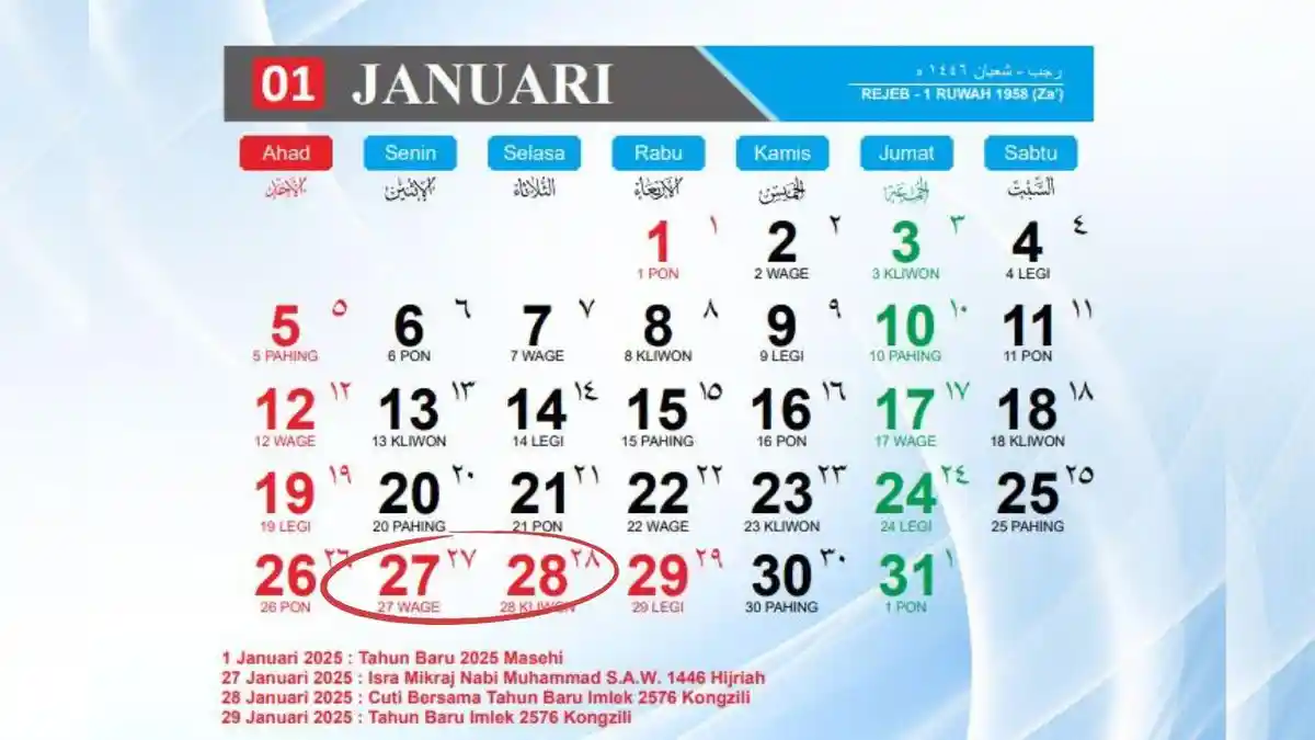 Kalender 2025 : Daftar Libur Nasional dan Cuti Bersama, Tanggal Merah 28 dan 29 Januari Hari Apa?
