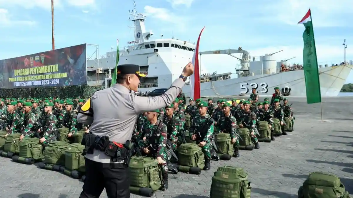 Kapolres Pelabuhan Belawan Hadiri Penyambutan Satgas Pamtas Kewilayahan Yonif 125/SMB