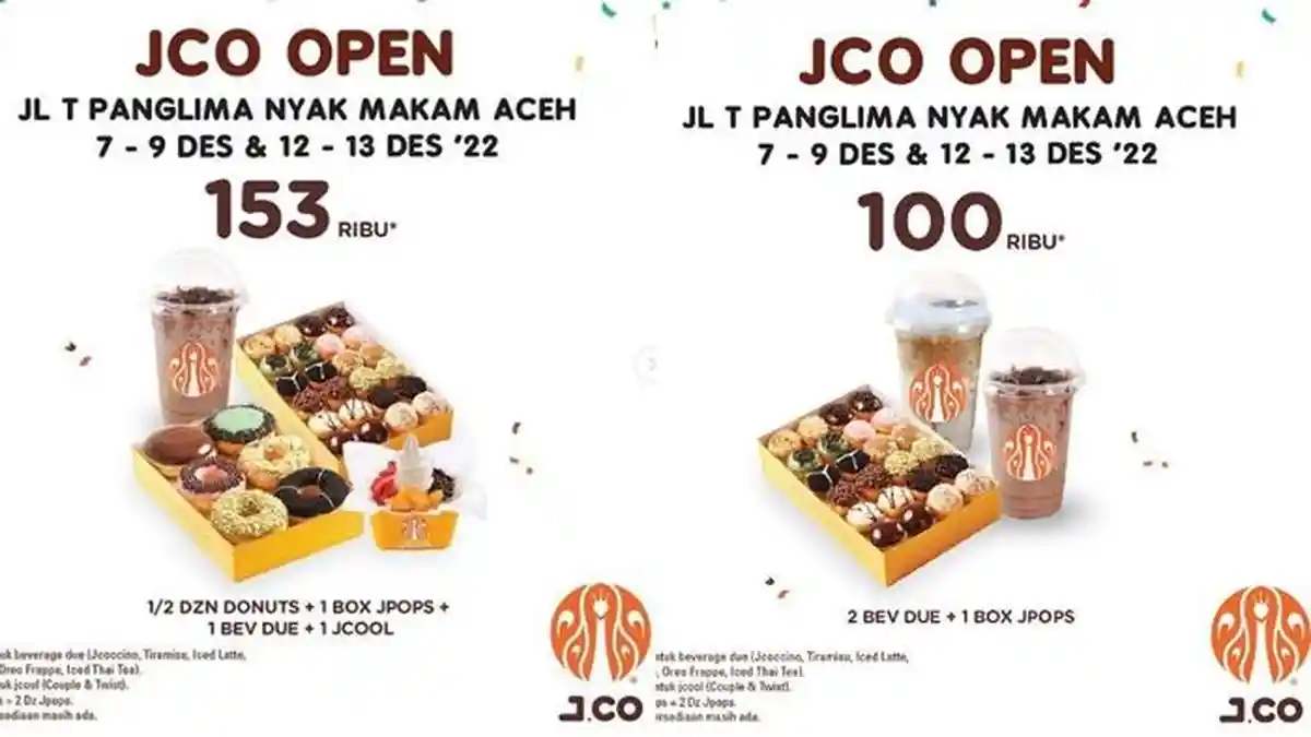 Promo J.CO Rabu 7 Desember 2022, Khusus JCO Lovers di Aceh, 1 Box Jpops dan 2 Beverages Rp 100.000