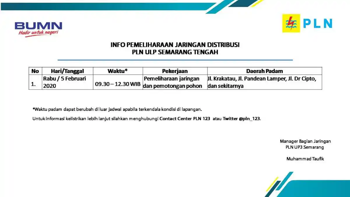 Info Pemeliharaan Jaringan Listrik Jalan Dr Cipto PLN ULP Semarang Tengah, Rabu 5 Februari 2020