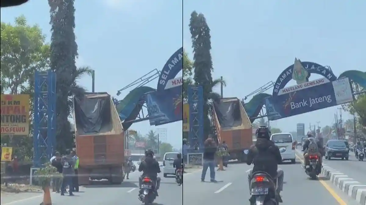 Viral Dump Truk Tersangkut di Gapura Selamat Jalan Magelang Setinggi 7 Meter, Sebabkan Kerusakan