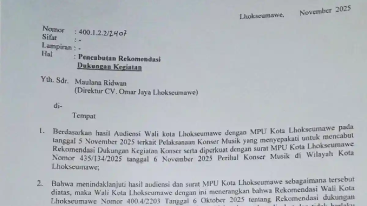 Hasil Audiensi Wali Kota dengan MPU, Pemko Lhokseumawe Cabut Rekomendasi Konser Dewa 19