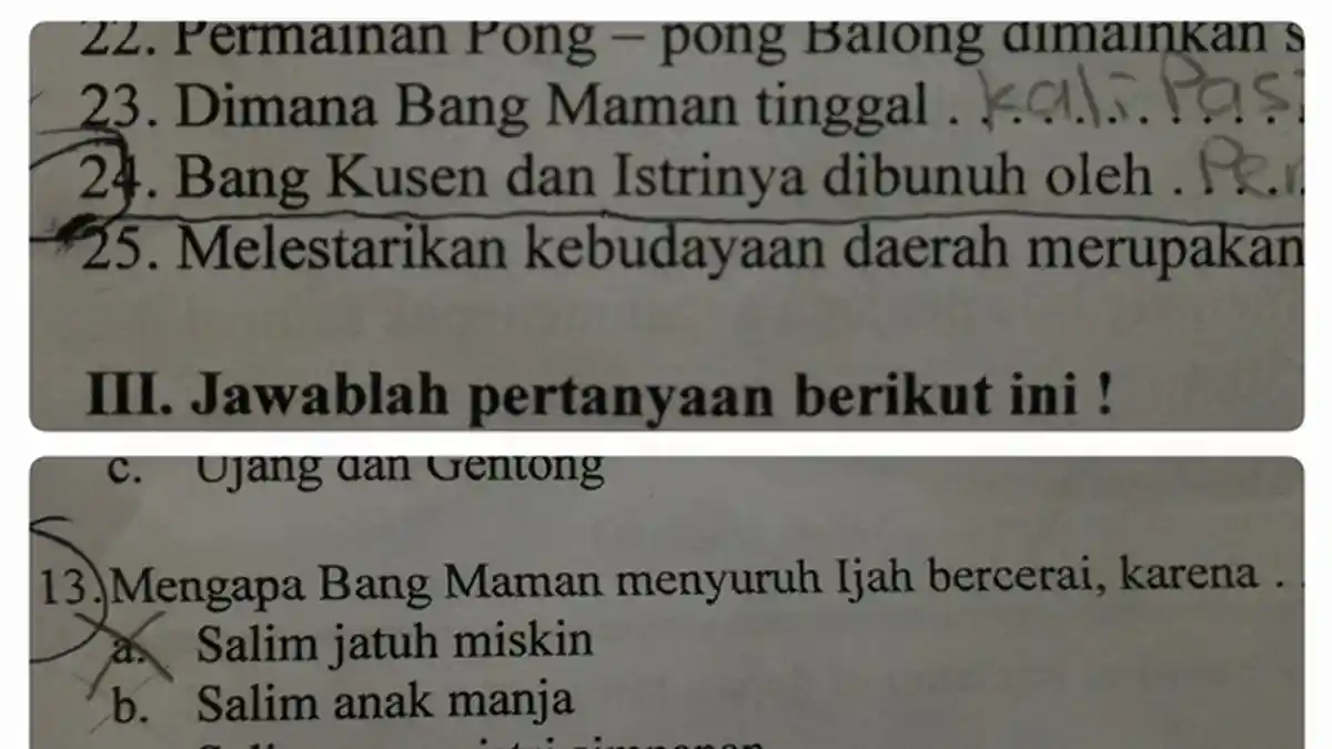 Bikin Geram, Soal Ulangan Kelas Dua SD Berisi Pembunuhan dan Perceraian
