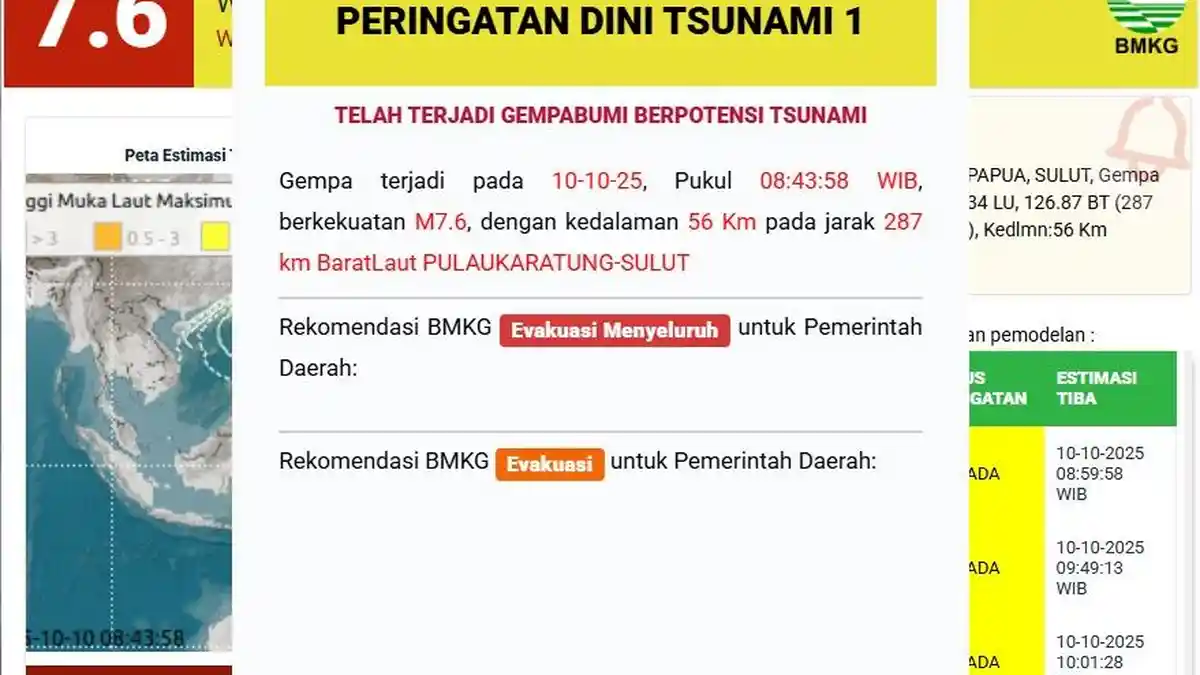 Gempa Bumi Berpotensi Tsunami, Magnitudo 7.6 Guncang KARATUNG SULUT dengan Kedalaman 56Kilometer