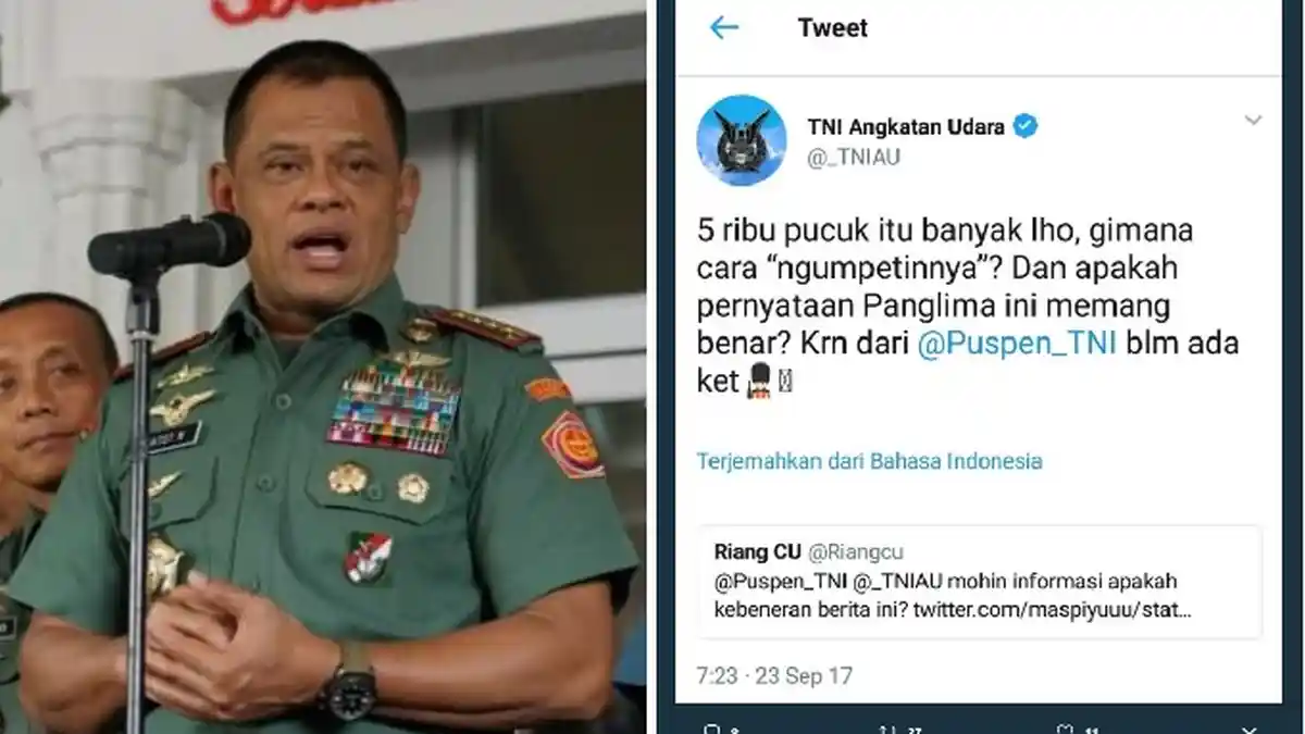 Soal 5 Ribu Senjata Ilegal, Jejak Tweet Admin TNI AU jadi Perbincangan Netizen