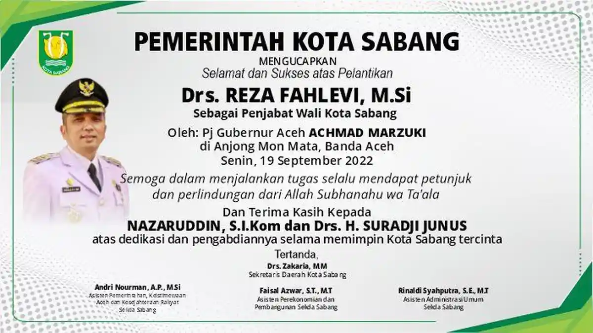 Ucapan Selamat Kepada Pj Wali Kota Sabang dari Pemerintah Kota Sabang