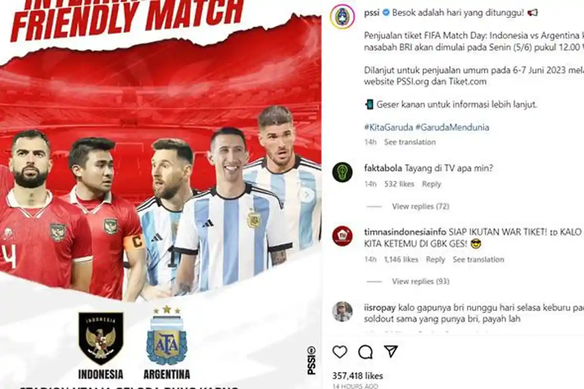Setengah Jam Lagi Dibuka, Simak Harga, Cara dan Link Beli Tiket Indonesia vs Argentina di Tiket.com