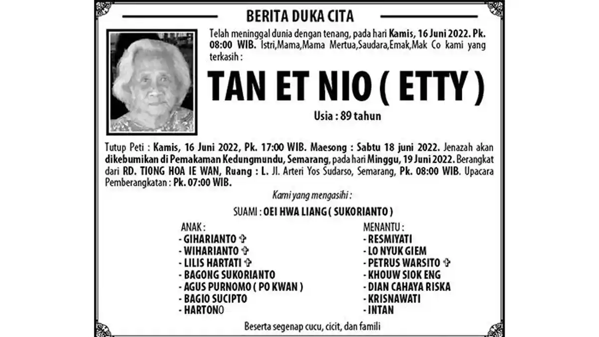Berita Duka Tan Et Nio (Etty) Meninggal Dunia di Semarang