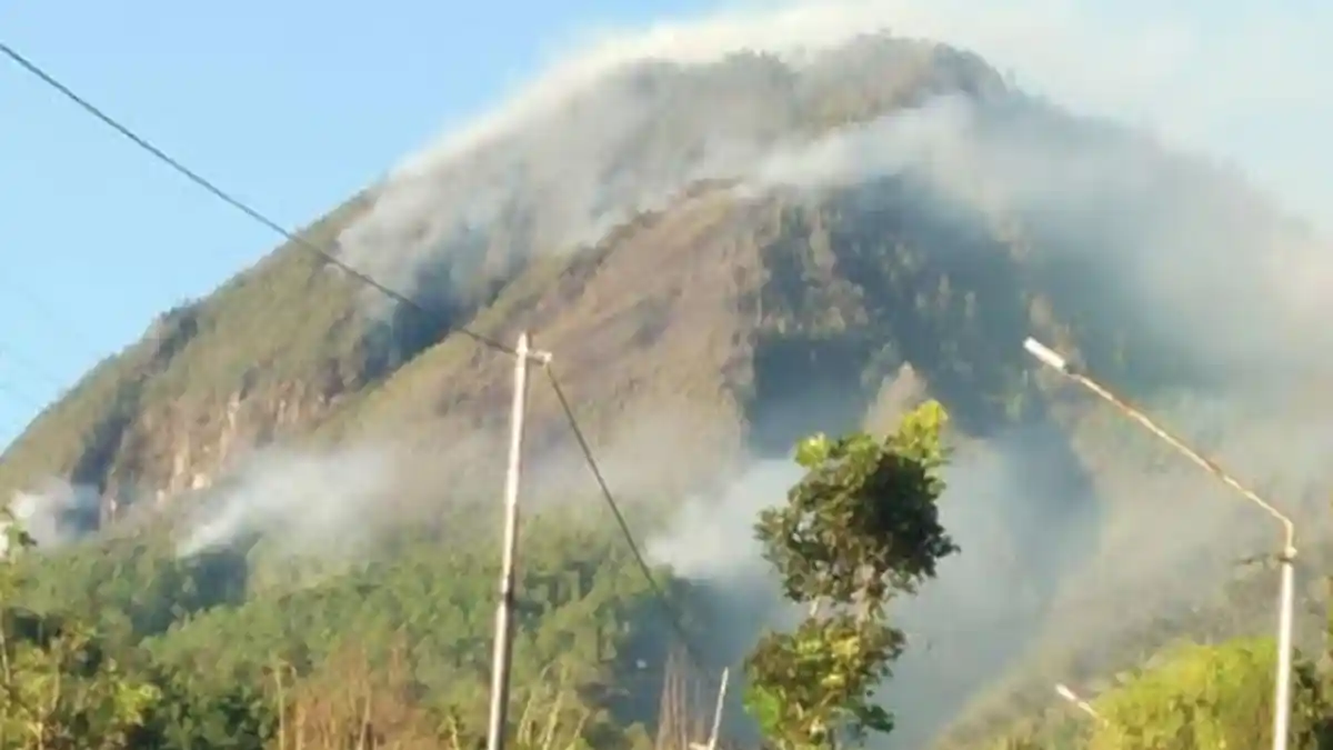 Lahan Hutan Gunung Panderman Tampak Masih Diselimuti Asap Setelah Terbakar Minggu Malam