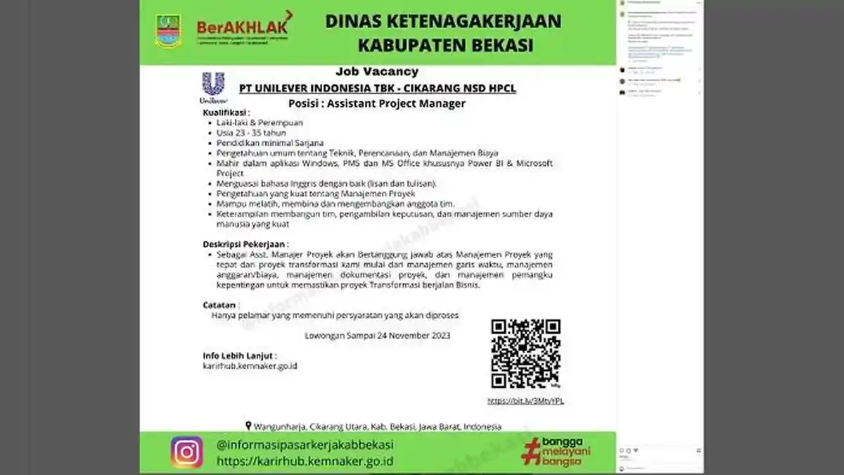 Lowongan Kerja Bekasi: PT Unilever Indonesia Tbk-Cikarang Nsd Hpcl Cari Asisstant Project Manager