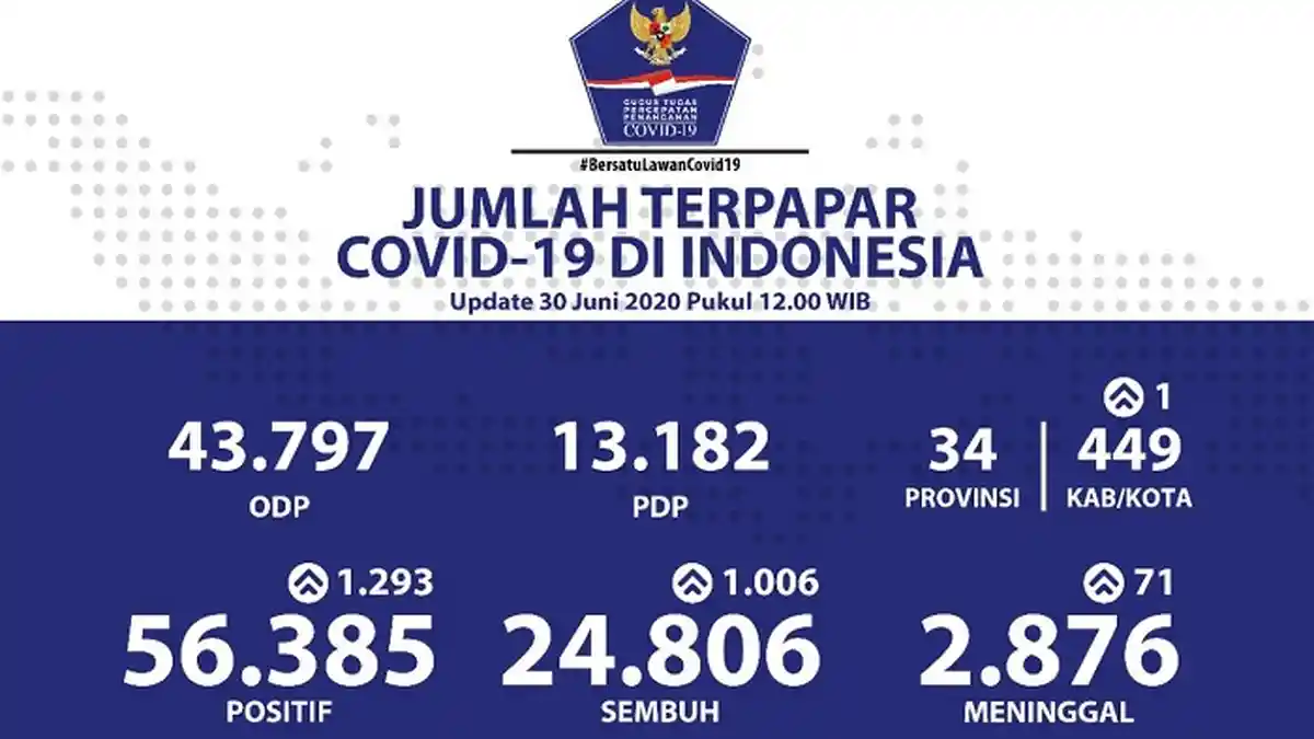 UPDATE Kasus Covid-19 di Indonesia 30 Juni 2020: Pasien Positif 56.385, Sembuh 24.806 Orang
