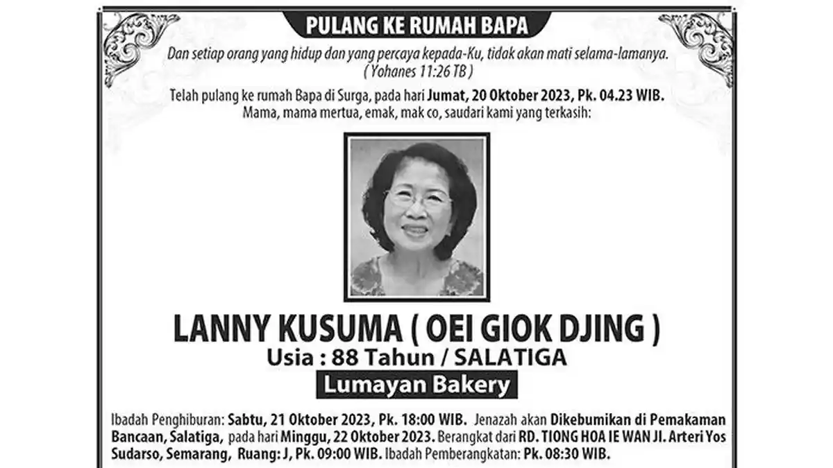Berita Duka, LANNY KUSUMA / OEI GIOK DJING  Meninggal Dunia di Semarang