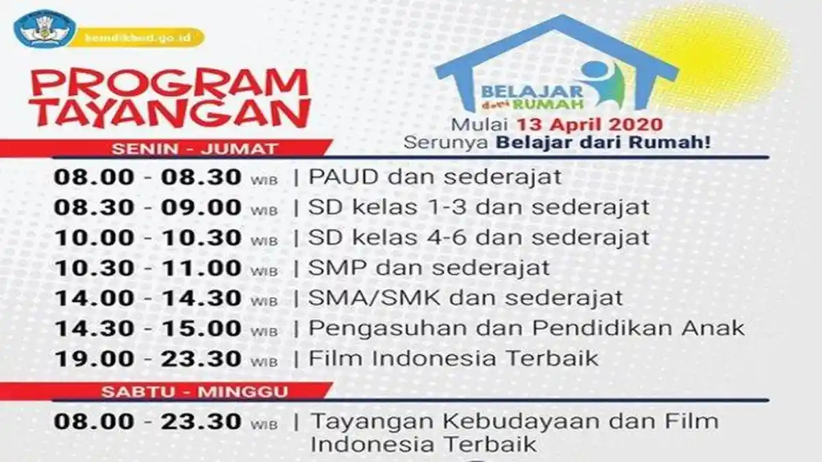 Live Streaming TVRI Online dan Jadwal Belajar dari Rumah untuk PAUD, SD, SMP dan SMA