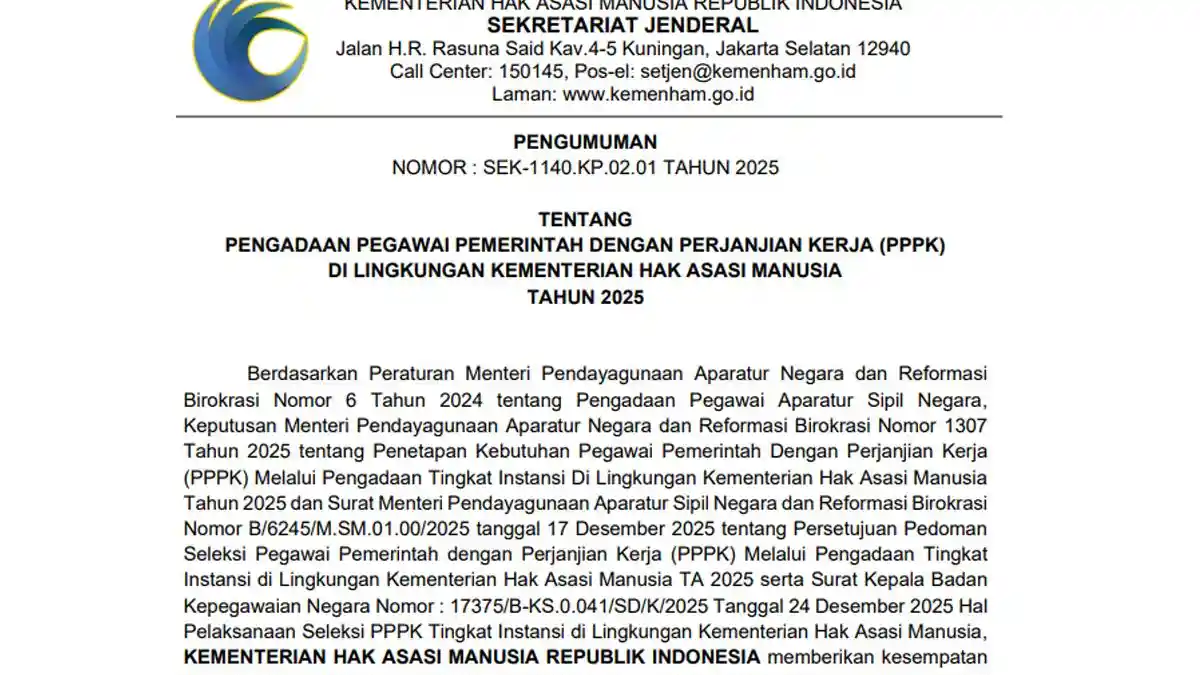 Rincian Formasi PPPK KemenHAM 2026: Tersedia 5 Alokasi Jabatan