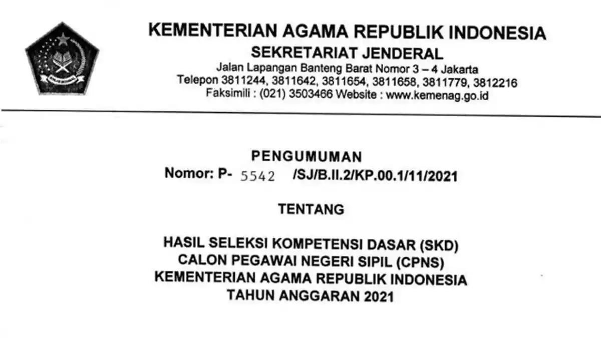 Link Pengumuman Hasil SKD CPNS Kemenag 2021, Berikut Arti Kode P/L, P, TL dan TH