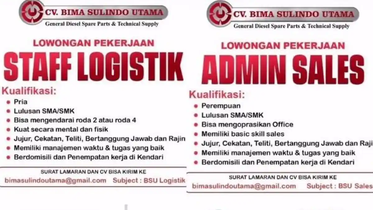 Loker Kota Kendari Lulusan SMA dan SMK, Posisi Admin Sales dan Staf Logistik CV Bima Sulindo Utama