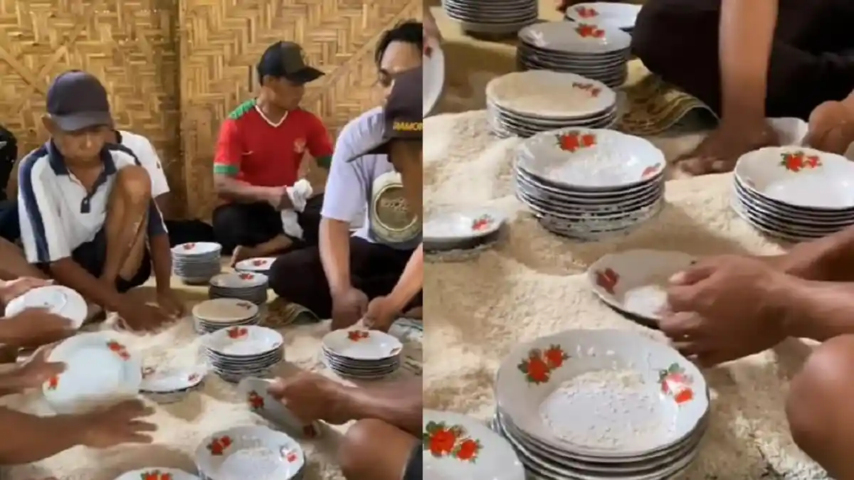 Viral Cara Unik Bapak-bapak Cuci Piring, Bukan Pakai Air Tapi Beras, Ternyata Ini Alasannya