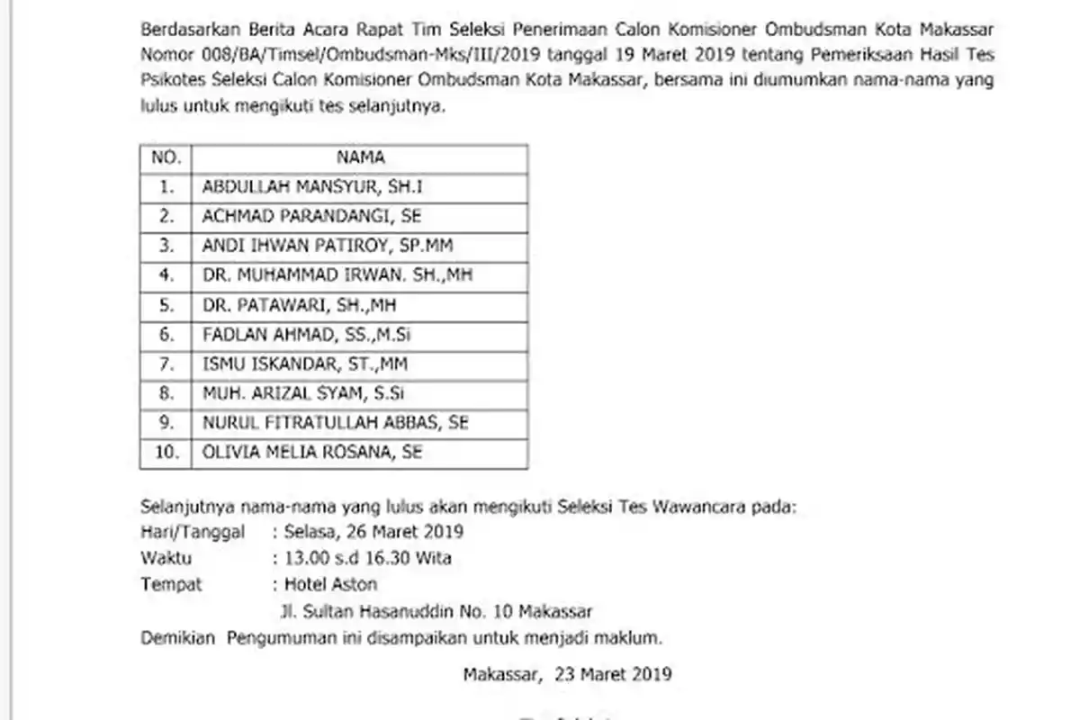 10 Calon Komisioner Ombudsman Kota Makassar Lolos Psikotes